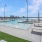 a pool with a city in the background